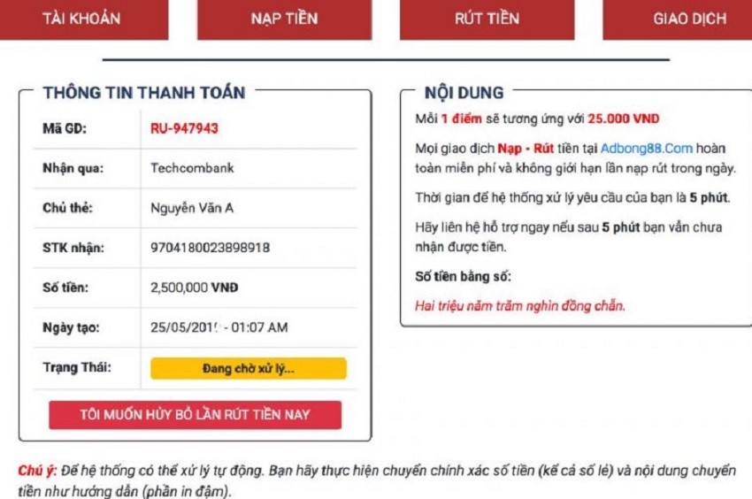 Cach nap tien bong88 qua ngan hang