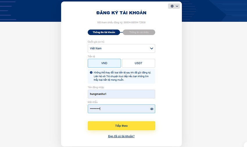 Dien thong tin tai khoan dang ky sbobet