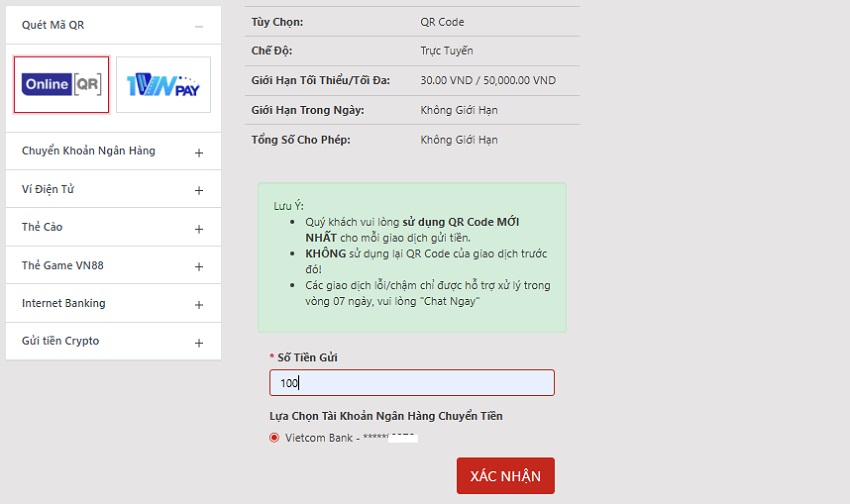 Gui tien Vn88 qua ma QR