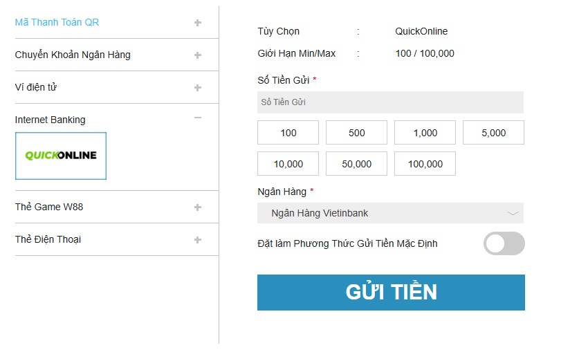 Chuyen tien vao W88 bang Internet Banking