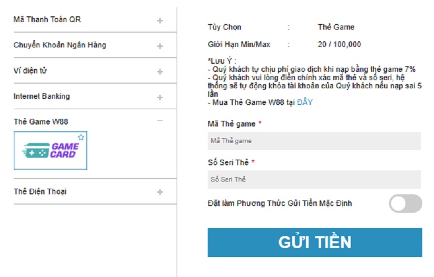 Cach gui tien W88 qua the game 