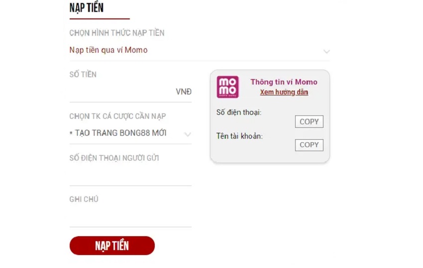 Cach gui tien Bong88 qua vi dien tu