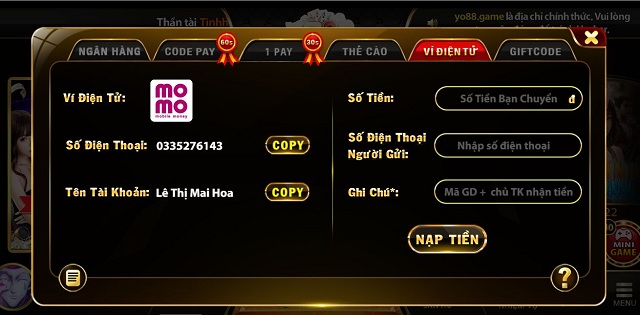 Nạp tiền vào tài khoản Yo88 Nap tien vao Yo88