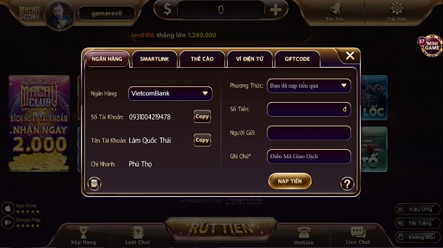 Nap tien Macau Club qua ngan hang